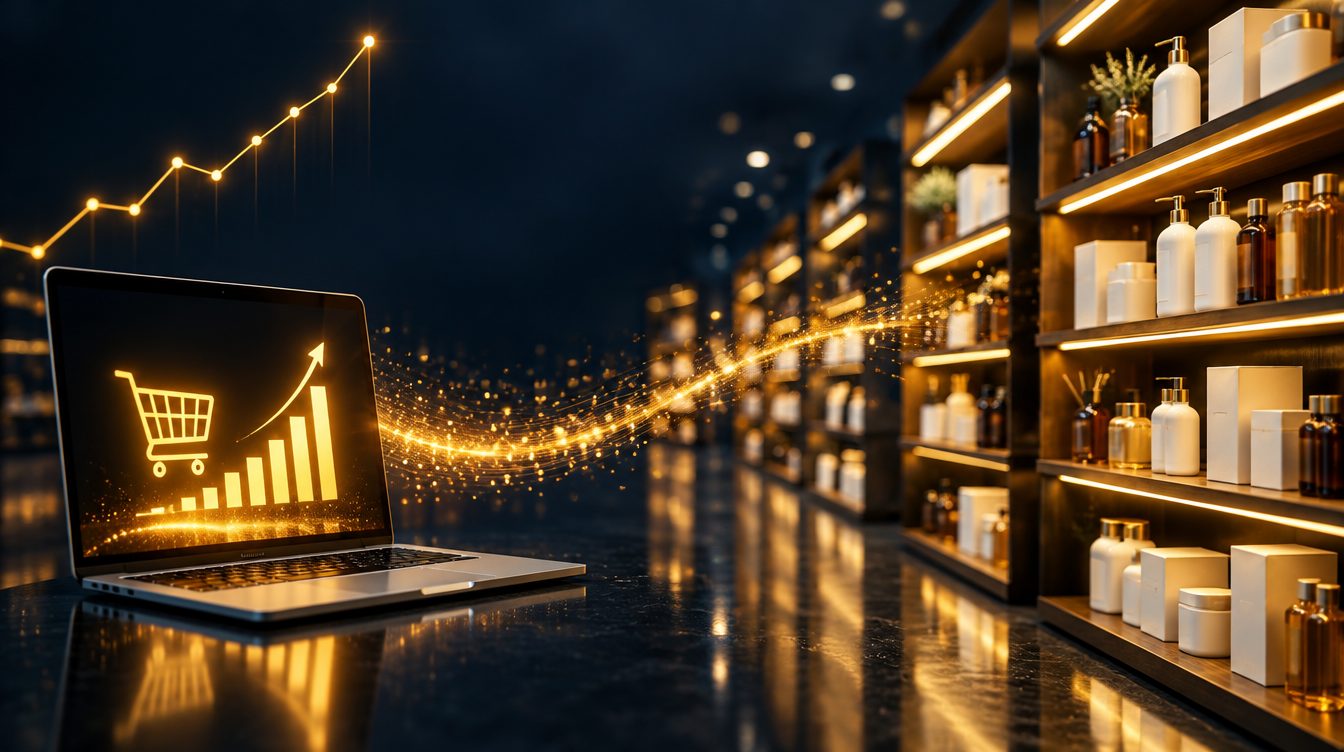A laptop showing a rising online sales chart, with a stream of gold light flowing to lit retail shelves stocked with products